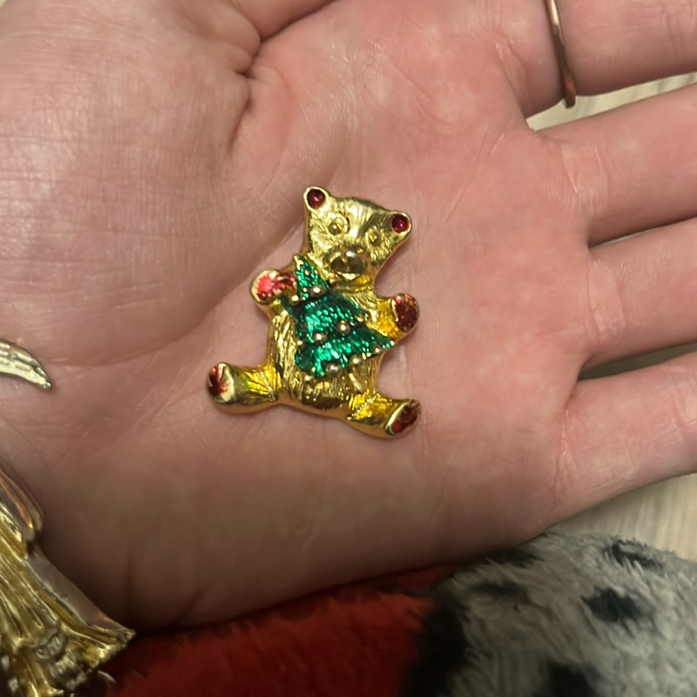 Vintage Christmas Teddy Bear With A Christmas Tree Brooch